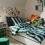 IKEA SLÅNHÖSTMAL (ИКЕА СЛОНХЁСТМАЛ) — Пододеяльник и наволочка, светло-голубой/тёмно-зелёный в полоску 150x200/50x60 см — фото 3