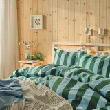 IKEA SLÅNHÖSTMAL (ИКЕА СЛОНХЁСТМАЛ) — Пододеяльник и наволочка, светло-голубой/тёмно-зелёный в полоску 150x200/50x60 см — фото 4