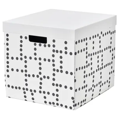 IKEA FJÄDERHARV (ИКЕА ФЙЭДЕРХАРВ) — Коробка с крышкой, белая в горошек 32х35х31 см