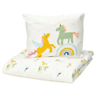 IKEA BARNDRÖM (ИКЕА БАРНДРЁМ) — Пододеяльник и наволочка, белый разноцветный/единороги 150х200/50х60 см