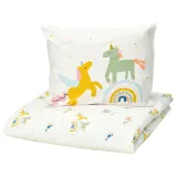 IKEA BARNDRÖM (ИКЕА БАРНДРЁМ) — Пододеяльник и наволочка, белый разноцветный/единороги 150х200/50х60 см — фото 1