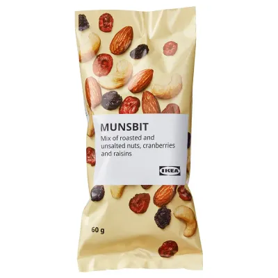 IKEA MUNSBIT  (ИКЕА МУНСБИТ)  -  Смесь жареных орехов - клюква и изюм, несолёная 60 г