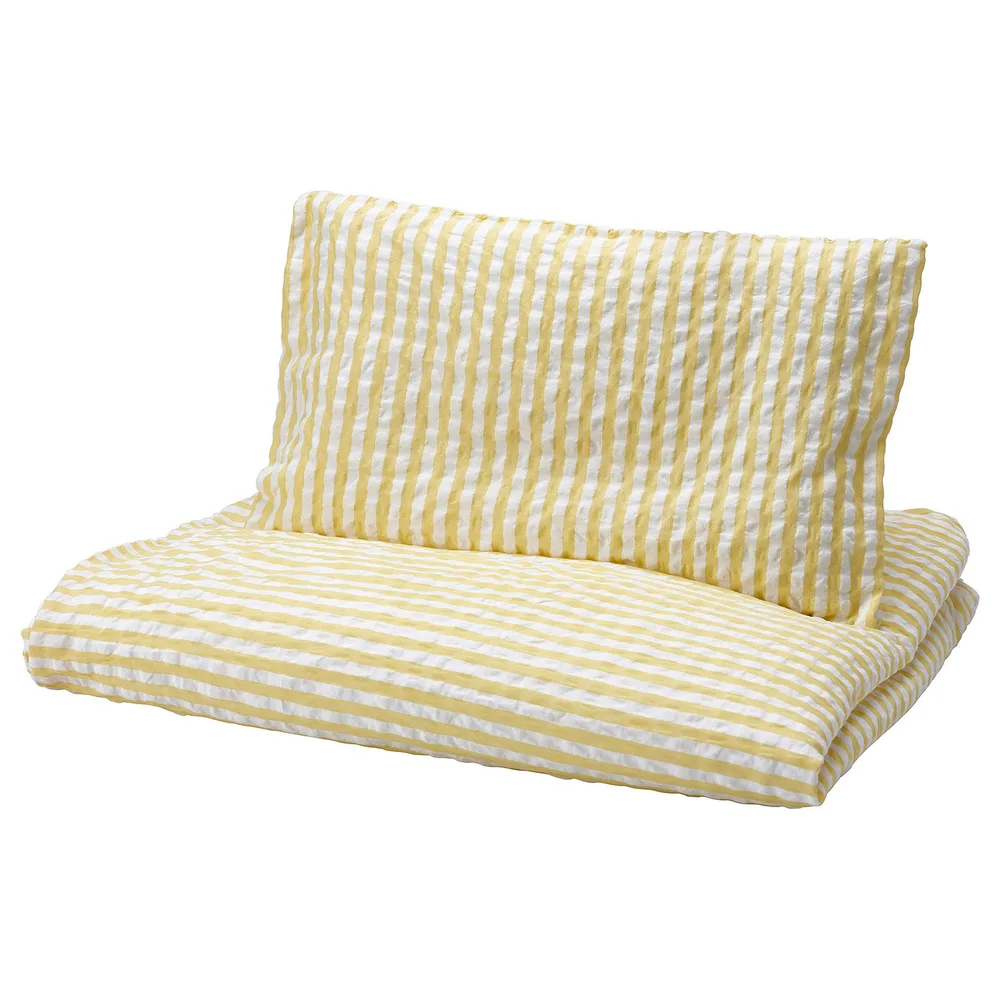 IKEA LEN (ИКЕА ЛЕН) — Пододеяльник и наволочка для кроватки, белый/жёлтый, полоска «кора» 110x125/35x55 см