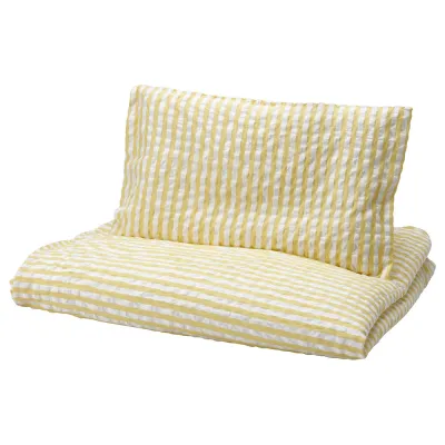 IKEA LEN (ИКЕА ЛЕН) — Пододеяльник и наволочка для кроватки, белый/жёлтый, полоска «кора» 110x125/35x55 см