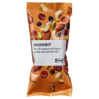 IKEA MUNSBIT  (ИКЕА МУНСБИТ)  -  Смесь жареных орехов и ягод - слегка солёная, 60 г