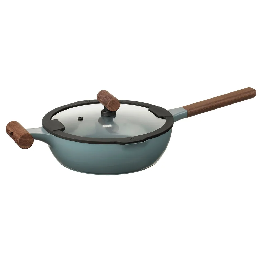 IKEA KLIPPFISK (ИКЕА КЛИППФИСК) — Сотейник с крышкой, антипригарное покрытие стекло/дерево серо-бирюзовый 24 см