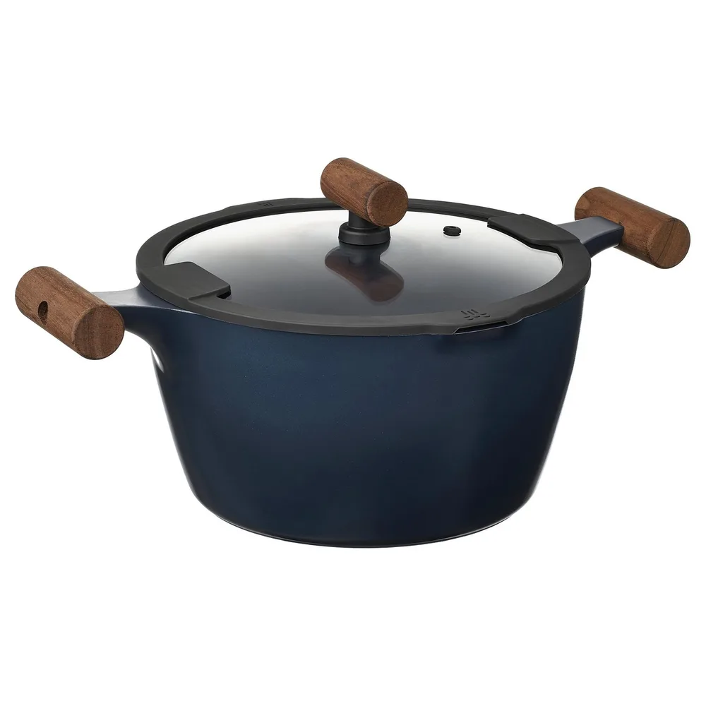 IKEA KLIPPFISK (ИКЕА КЛИППФИСК) — Кастрюля с крышкой, антипригарная стекло/дерево сине-черная 5 л