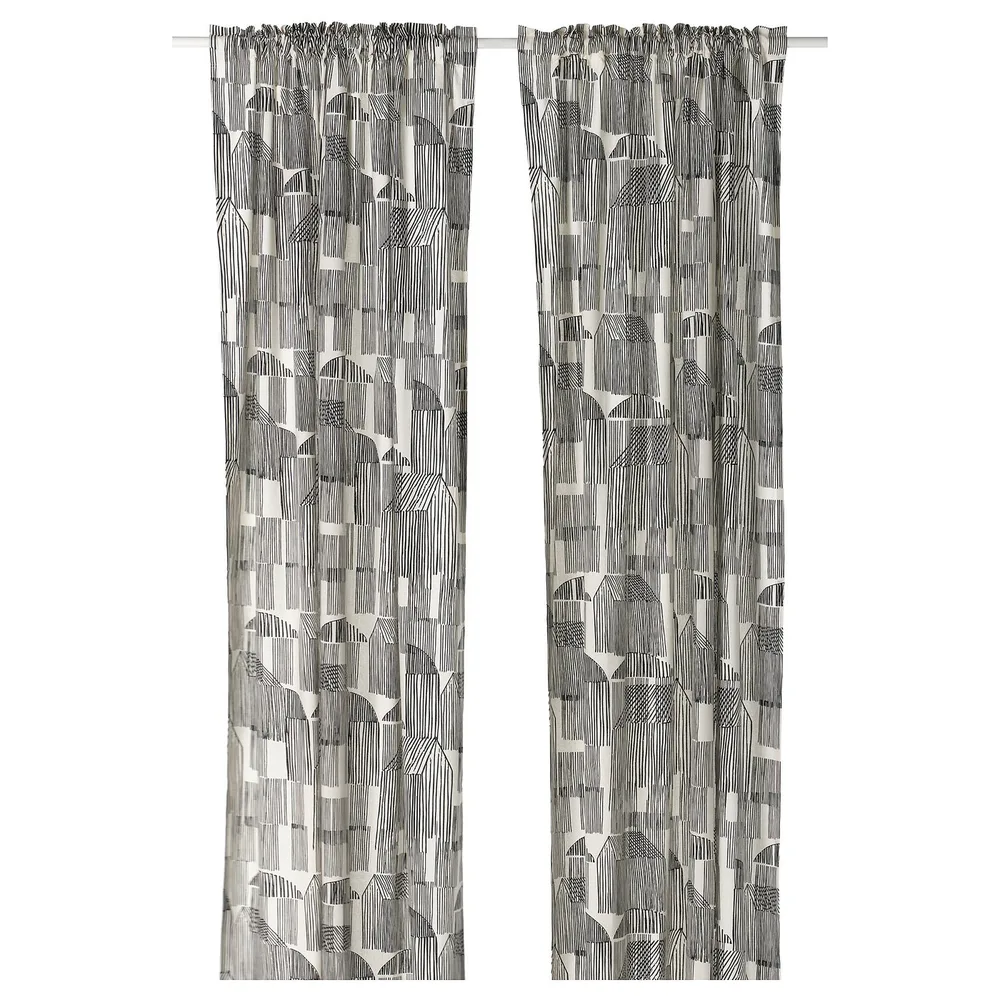 IKEA TEMPELFLY (ИКЕА ТЕМПЕЛФЛИ) — Штора, 2 шт, белый/чёрный/на тесьме 145x300 см