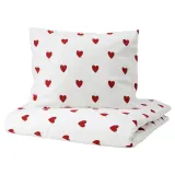 IKEA BARNDRÖM (ИКЕА БАРНДРЁМ) — Пододеяльник и наволочка, белый красный/сердечки фланель 150x200/50x60 см — фото 1