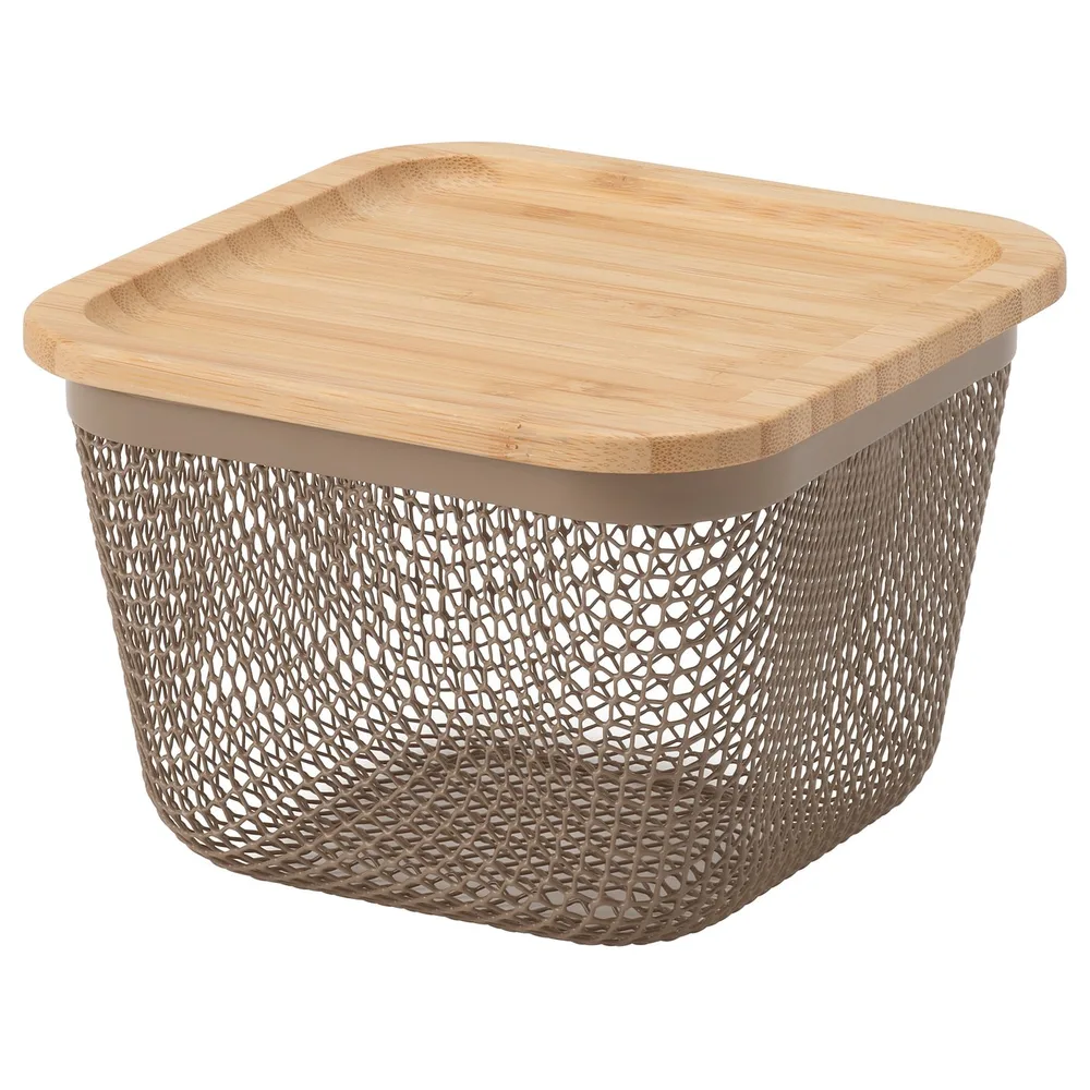 IKEA 365+ (ИКЕА 365+) — Корзина для еды с крышкой, квадратная металл/светлый серо-коричневый бамбук 15x15x11 см