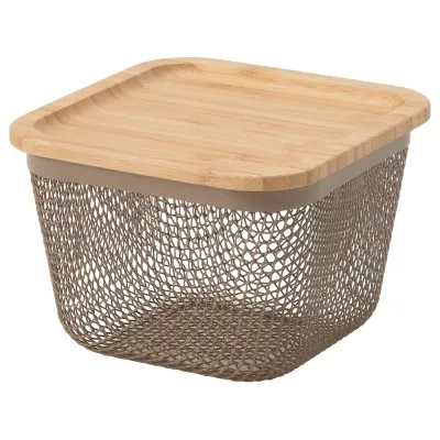 IKEA 365+ (ИКЕА 365+) — Корзина для еды с крышкой, квадратная металл/светлый серо-коричневый бамбук 15x15x11 см