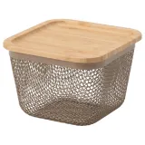 IKEA 365+ (ИКЕА 365+) — Корзина для еды с крышкой, квадратная металл/светлый серо-коричневый бамбук 15x15x11 см — фото 1