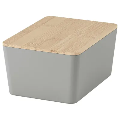 IKEA KUGGIS (ИКЕА КУГГИС) — Контейнер с крышкой, светло-серый/бамбук 13x18x8 см