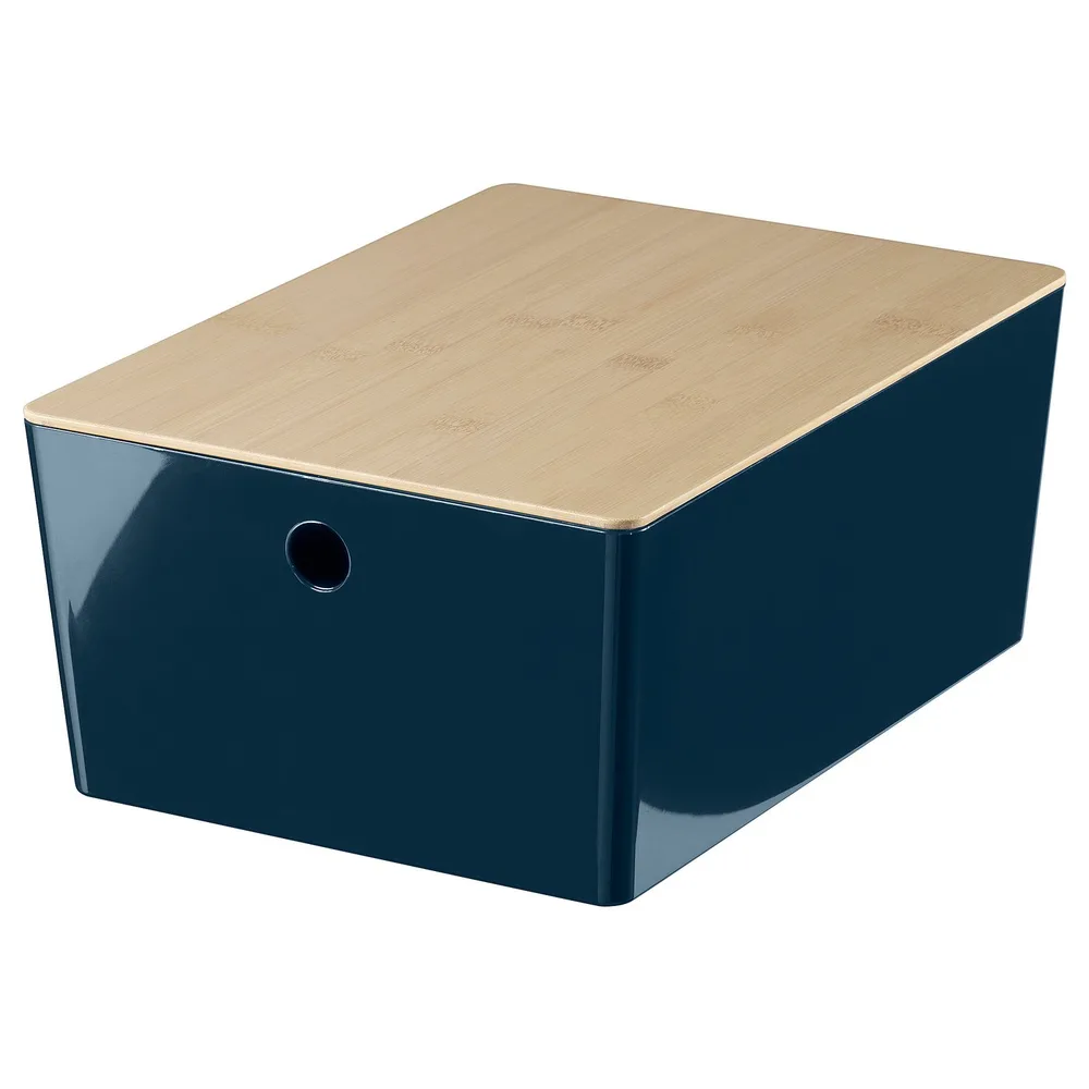 IKEA KUGGIS (ИКЕА КУГГИС) — Контейнер с крышкой, чёрно-синий/бамбук 26x35x15 см