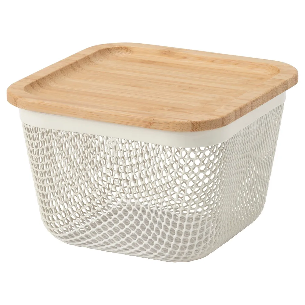 IKEA 365+ (ИКЕА 365+) — Корзина для еды с крышкой, квадратная металл/белый бамбук 15x15x11 см
