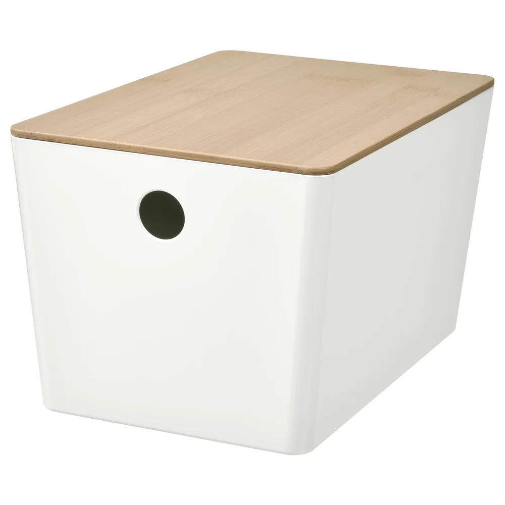 IKEA KUGGIS (ИКЕА КУГГИС) — Контейнер с крышкой, белый/бамбук 18x26x15 см