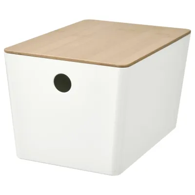 IKEA KUGGIS (ИКЕА КУГГИС) — Контейнер с крышкой, белый/бамбук 18x26x15 см