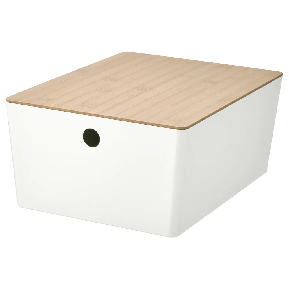 IKEA KUGGIS (ИКЕА КУГГИС) — Контейнер с крышкой, белый/бамбук 26x35x15 см