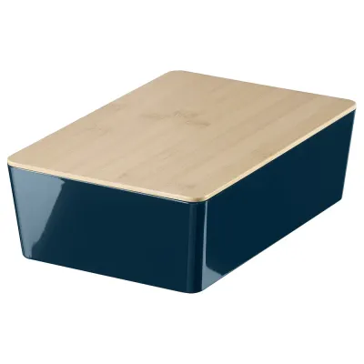 IKEA KUGGIS (ИКЕА КУГГИС) — Контейнер с крышкой, чёрно-синий/бамбук 18x26x8 см