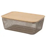 IKEA 365+ (ИКЕА 365+) — Корзина для продуктов с крышкой, прямоугольная металл/светлый серо-коричневый бамбук 32х21х13 см — фото 1