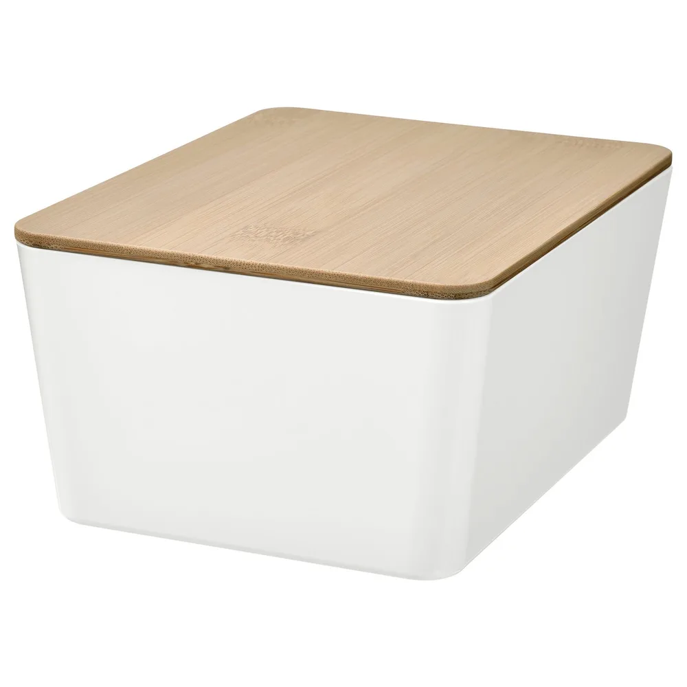 IKEA KUGGIS (ИКЕА КУГГИС) — Контейнер с крышкой, белый/бамбук 13x18x8 см
