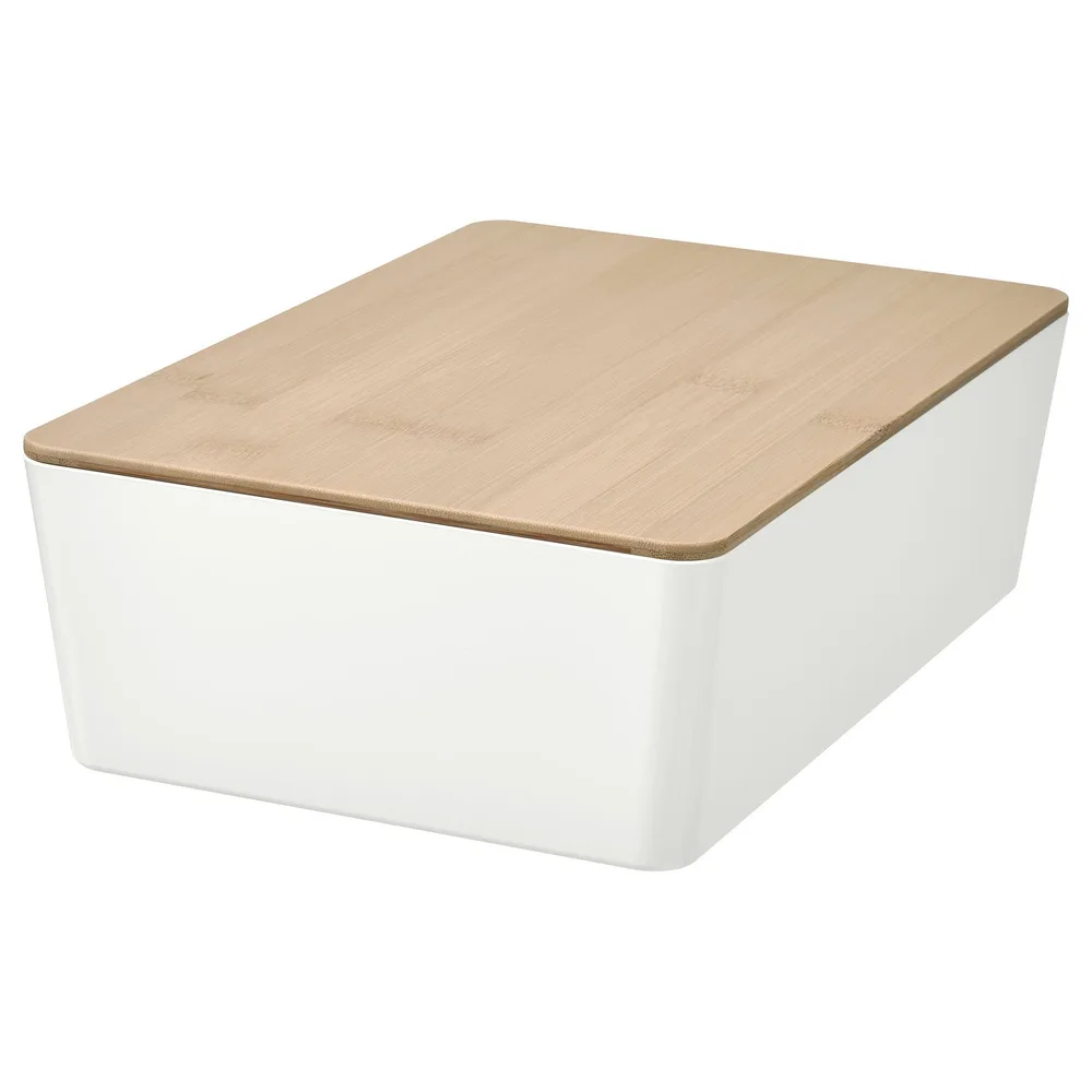 IKEA KUGGIS (ИКЕА КУГГИС) — Контейнер с крышкой, белый/бамбук 18x26x8 см
