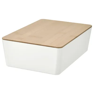IKEA KUGGIS (ИКЕА КУГГИС) — Контейнер с крышкой, белый/бамбук 18x26x8 см