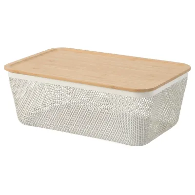 IKEA 365+ (ИКЕА 365+) — Корзина для продуктов с крышкой, прямоугольная металл/белый бамбук 32x21x13 см