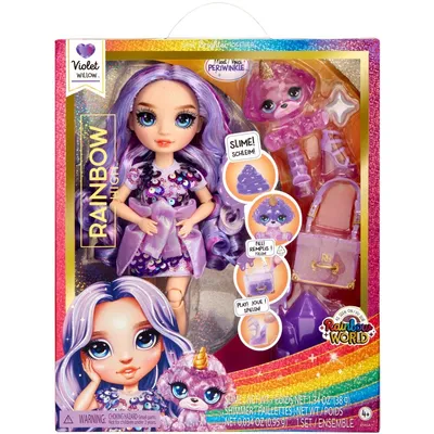 Rainbow High - кукла Shiny Violet Willow (фиолетовая) + питомец и слизь 120223