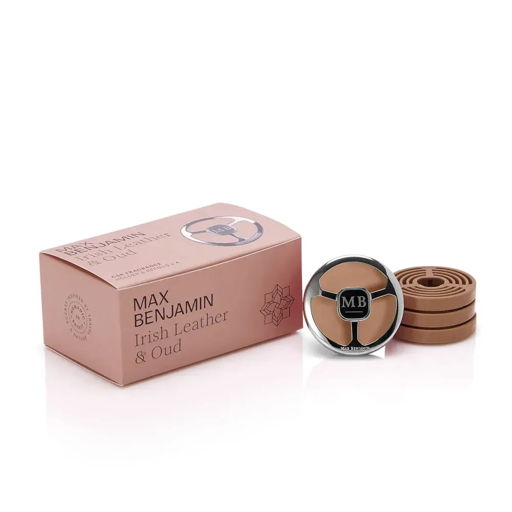 Max Benjamin Набор автомобильных ароматов Irish Leather & Oud с держателем и 4 сменными картриджами