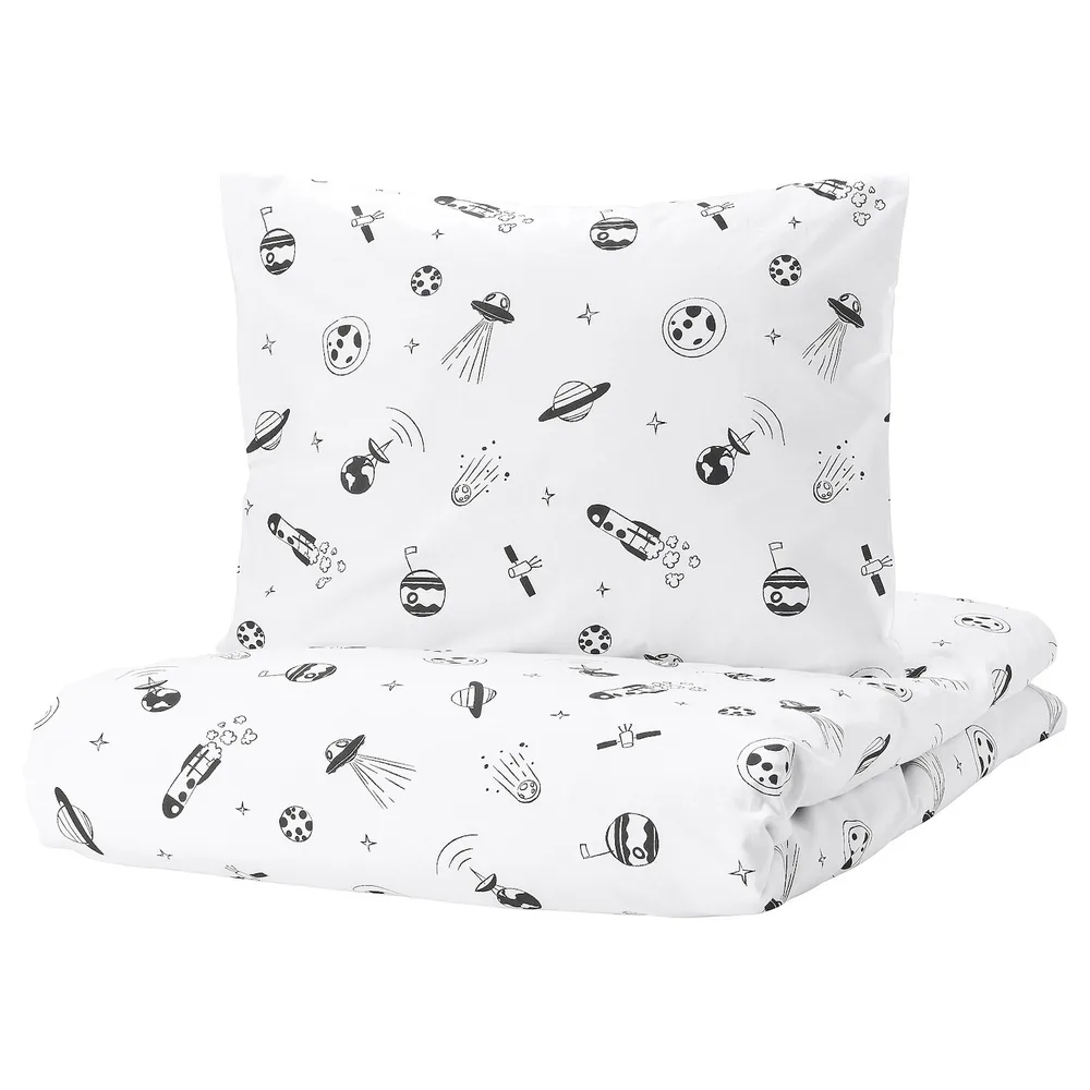 IKEA AFTONSPARV (ИКЕА АФТОНСПАРВ) — Пододеяльник и наволочка, белый/черный космос, 150x200/50x60 см