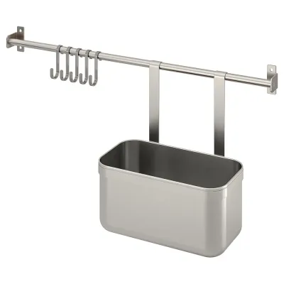 IKEA KUNGSFORS (ИКЕА КУНГСФОРС) — Перекладина с 5 крючками и 1 корзиной, нержавеющая сталь, 56 см