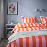 IKEA SLÅNHÖSTMAL (ИКЕА СЛОНХОСТМАЛ) — Пододеяльник и 2 наволочки, оранжевый/розовый/полосатый, 200x200/50x60 см — фото 3