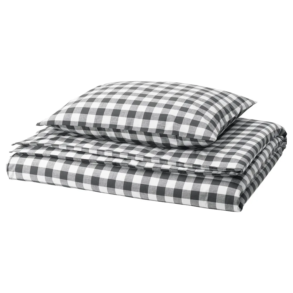 IKEA EKTANDVINGE (ИКЕА ЕКТАНДВИНГЕ) — Пододеяльник и наволочка, антрацитово-белый/чешуйчатый, 150x200/50x60 см