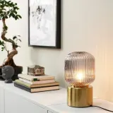IKEA SOLKLINT (ИКЕА СОЛКЛИНТ) — Настольная лампа, латунь/серое прозрачное стекло, 28 см — фото 2