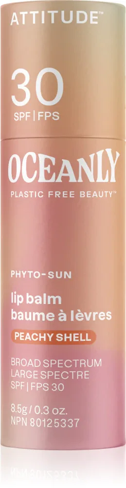 Attitude Oceanly Plastic Free Beauty - Тонирующий бальзам для губ SPF 30, 8.5 г, оттенок Peachy Shell