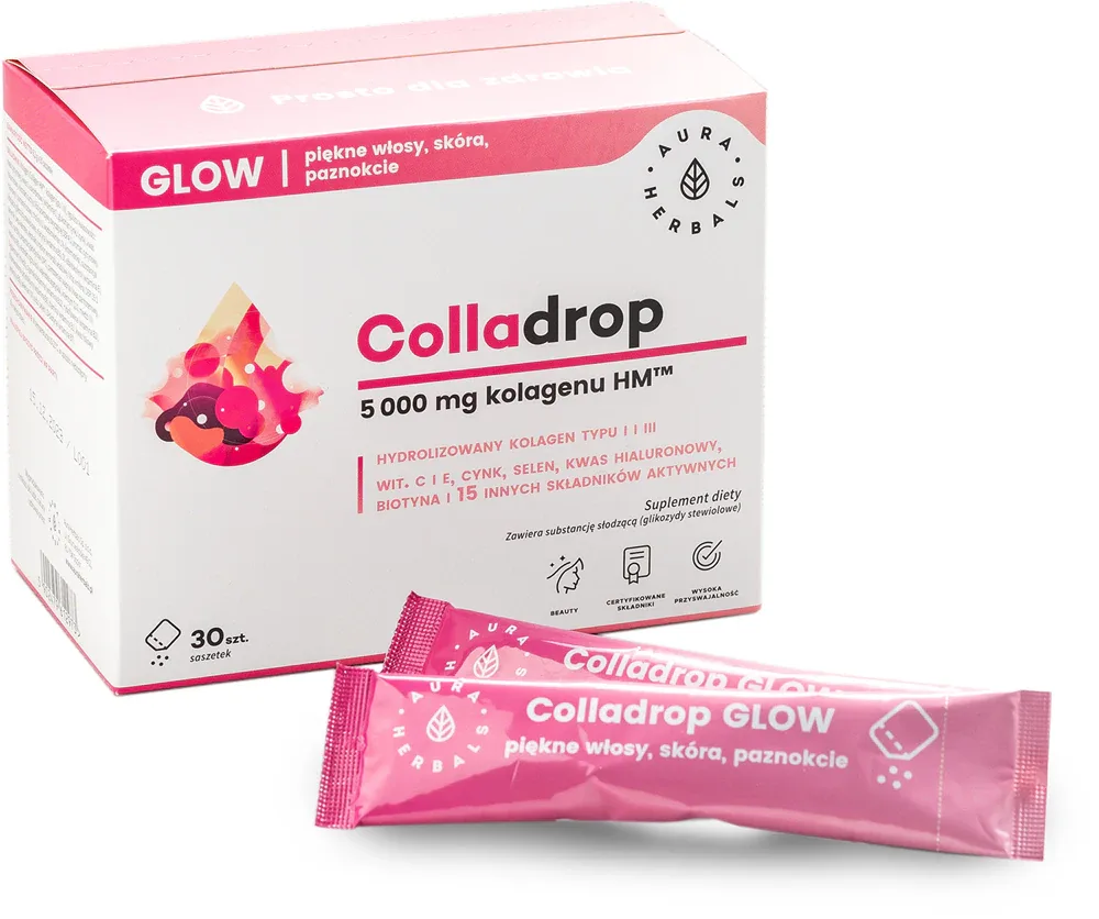 Добавка к пище Aura Herbals Colladrop Glow 5000 mg с морским коллагеном, для кожи и волос, 30 шт