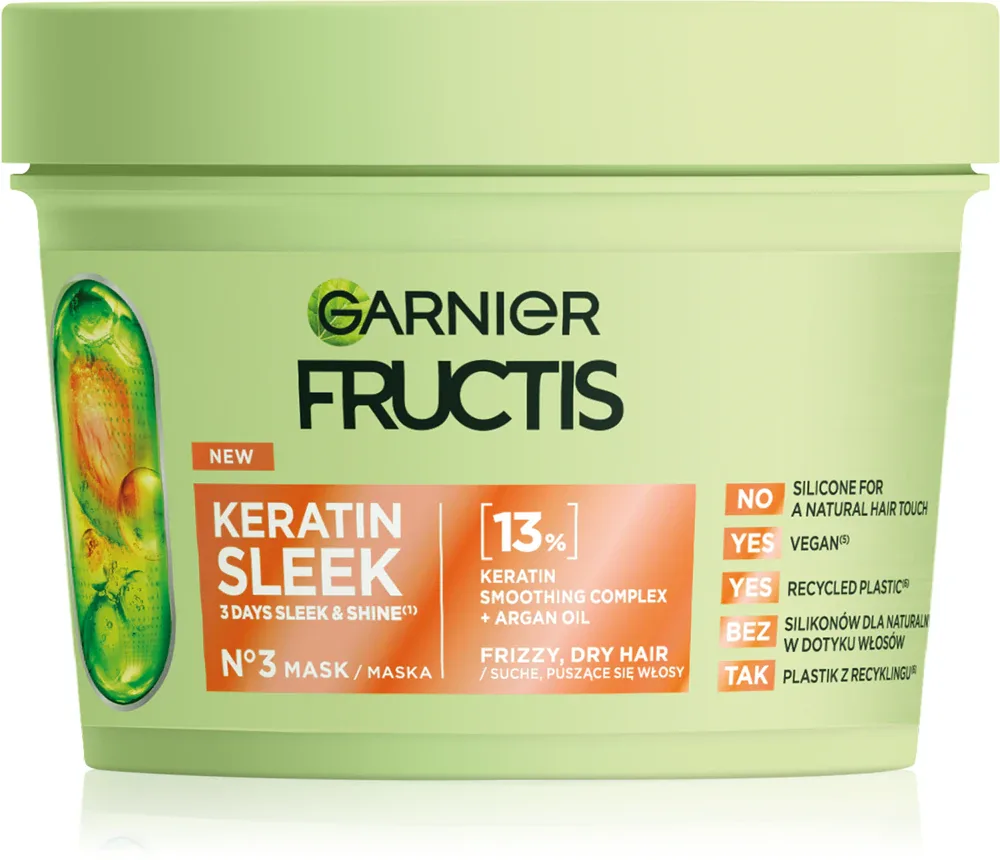 Garnier Fructis Keratin Sleek - Маска для волос с кератином и аргановым маслом, 370 мл