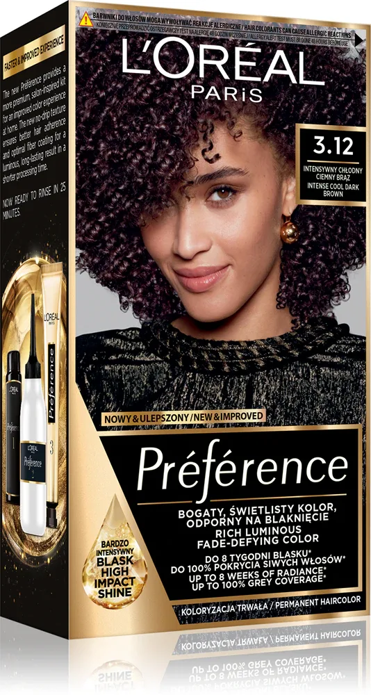 Краска для волос L’Oreal Paris Preference Cool Blondes стойкая, для домашнего окрашивания, 1 шт, оттенок 3.12 Toronto