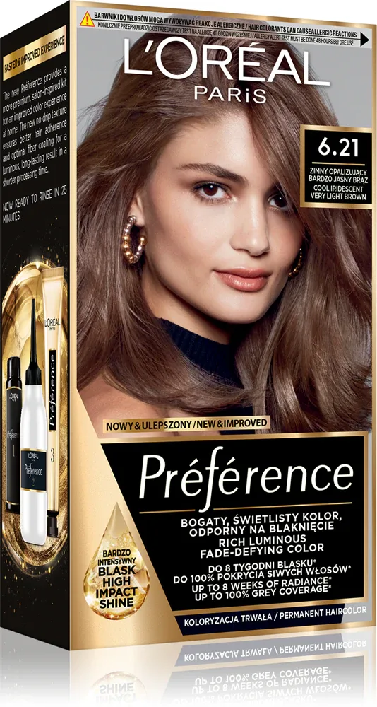 Краска для волос L’Oreal Paris Preference Cool Blondes стойкая, для домашнего окрашивания, 1 шт, оттенок 6.21 Zurich