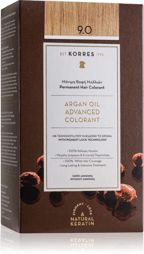 Стойкая краска для волос Korres Argan Oil с аргановым маслом, для домашнего окрашивания, 50 мл, оттенок 9.0 Very Light Blonde