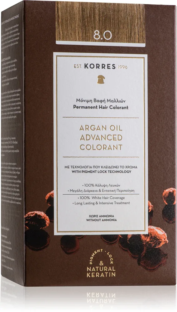 Стойкая краска для волос Korres Argan Oil с аргановым маслом, для домашнего окрашивания, 50 мл, оттенок 8.0 Light Blonde