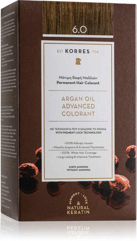 Стойкая краска для волос Korres Argan Oil с аргановым маслом, для домашнего окрашивания, 50 мл, оттенок 6.0 Dark Blonde