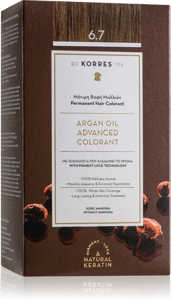 Стойкая краска для волос Korres Argan Oil с аргановым маслом, для домашнего окрашивания, 50 мл, оттенок 6.7 Cocoa
