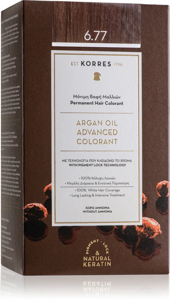 Стойкая краска для волос Korres Argan Oil с аргановым маслом, для домашнего окрашивания, 50 мл, оттенок 6.77 Gianduja