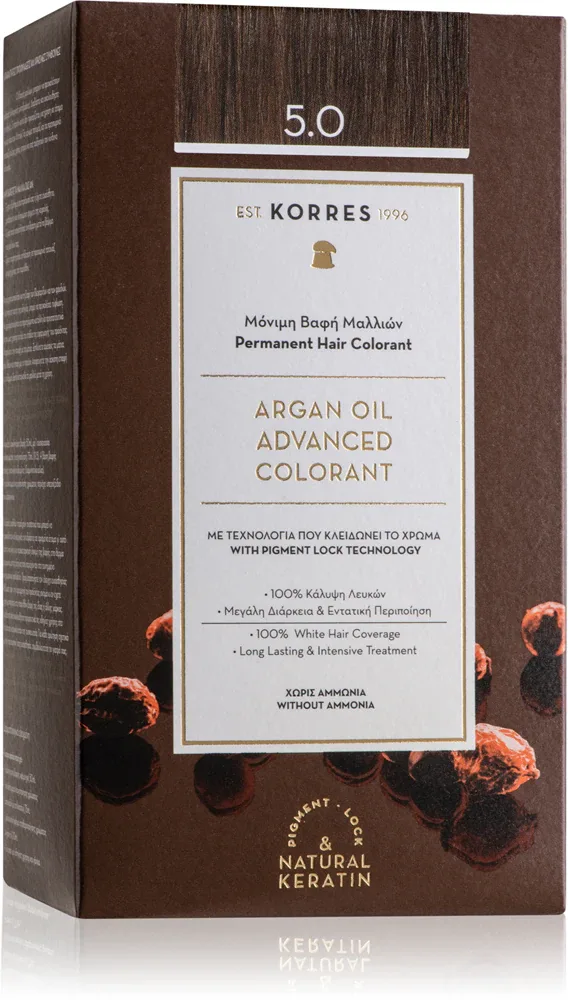Стойкая краска для волос Korres Argan Oil с аргановым маслом, для домашнего окрашивания, 50 мл, оттенок 5.0 Light Brown