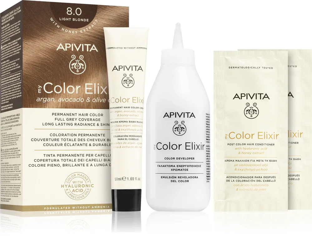 Apivita My Color Elixir - Краска для волос без аммиака, 1 шт, оттенок 8.0 Light Blonde