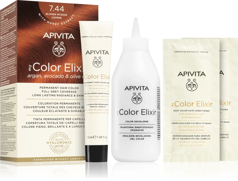 Apivita My Color Elixir - Краска для волос без аммиака, 1 шт, оттенок 7.44 Blonde Intense Copper
