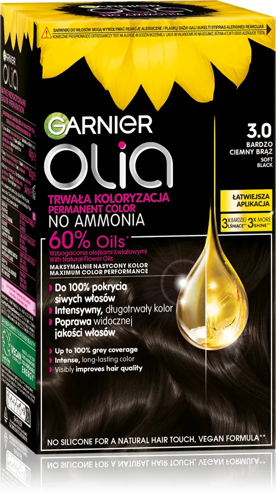 Краска для волос Garnier Olia стойкая, закрашивает седину, 1 шт, оттенок 3.0 Soft Black