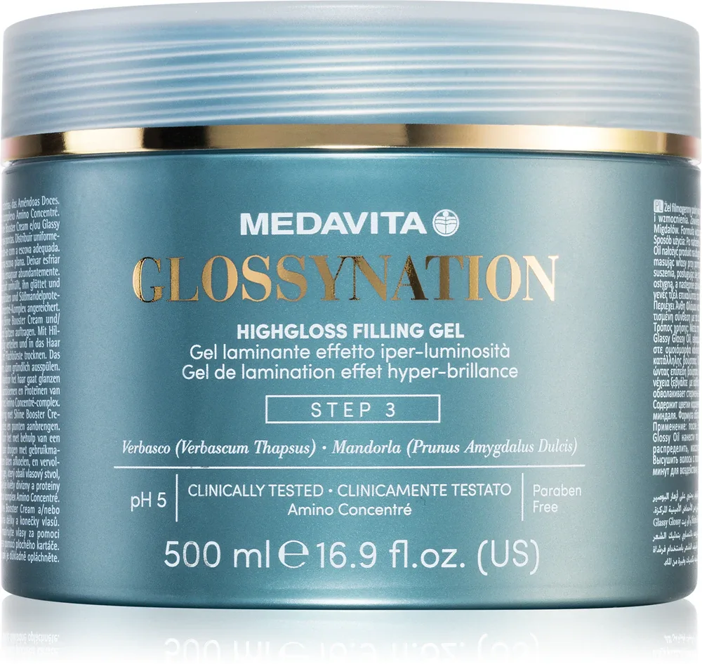 Medavita Glossynation Highgloss Filling Gel - Гель для волос laminovací gel se zrcadlovým efektem, 500 мл
